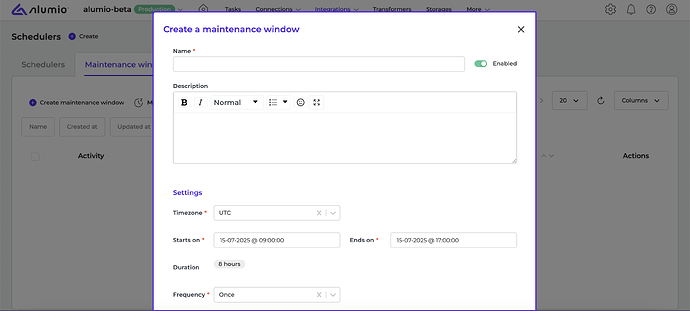 Alumio - Release Note - Create a maintenance window